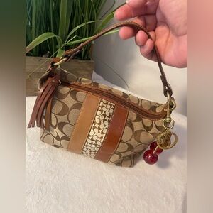 Coach Brown and Tan Signature Stripe Wristlet